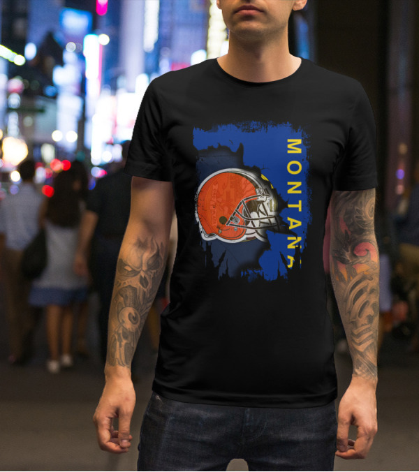 Montana Collaboration With Orange Football Helmet Browns Connection T-Shirt