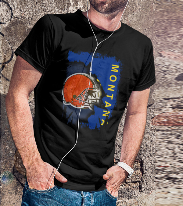 Montana Collaboration With Orange Football Helmet Browns Connection T-Shirt