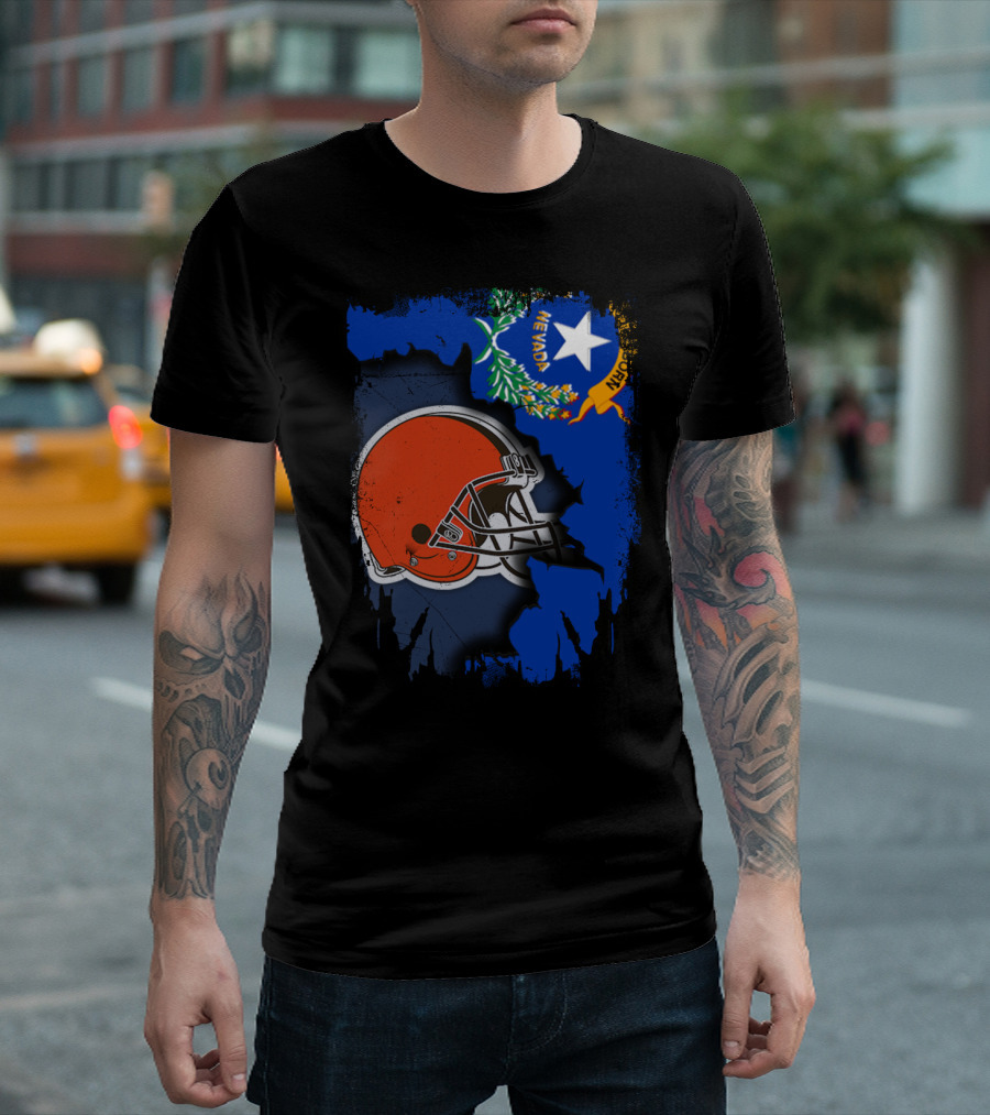 Nevada State Flag With Cleveland Browns Helmet Fusion T-Shirt