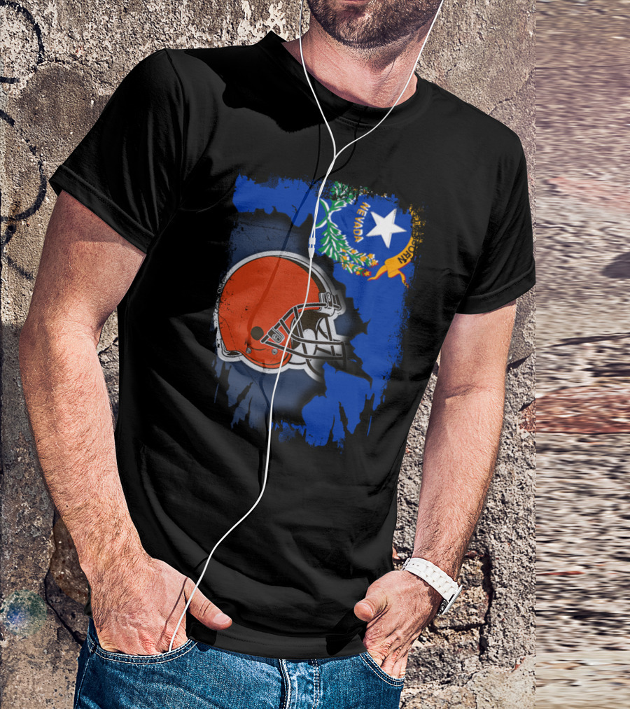 Nevada State Flag With Cleveland Browns Helmet Fusion T-Shirt