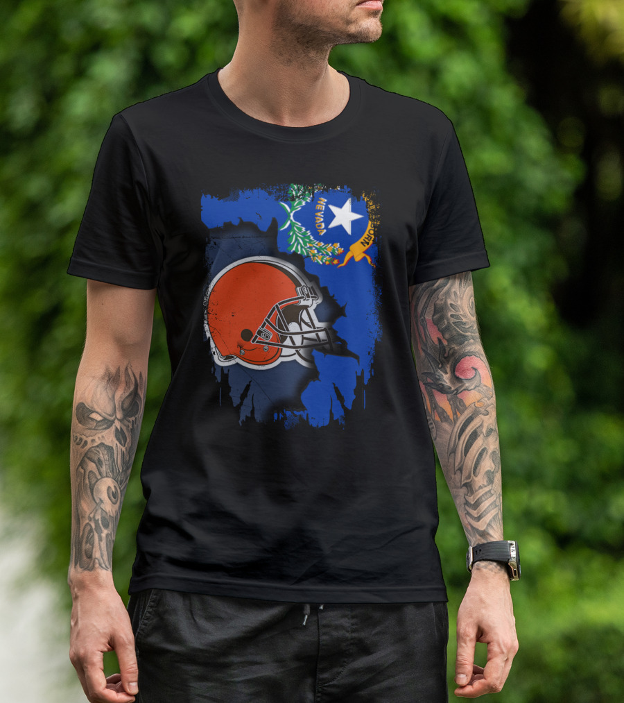 Nevada State Flag With Cleveland Browns Helmet Fusion T-Shirt