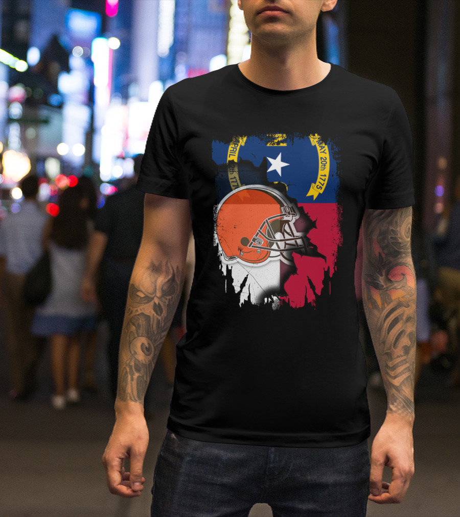 North Carolina State Flag Blended With Cleveland Browns Helmet T-Shirt