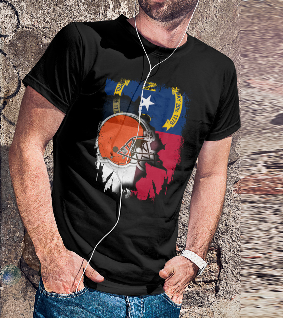 North Carolina State Flag Blended With Cleveland Browns Helmet T-Shirt