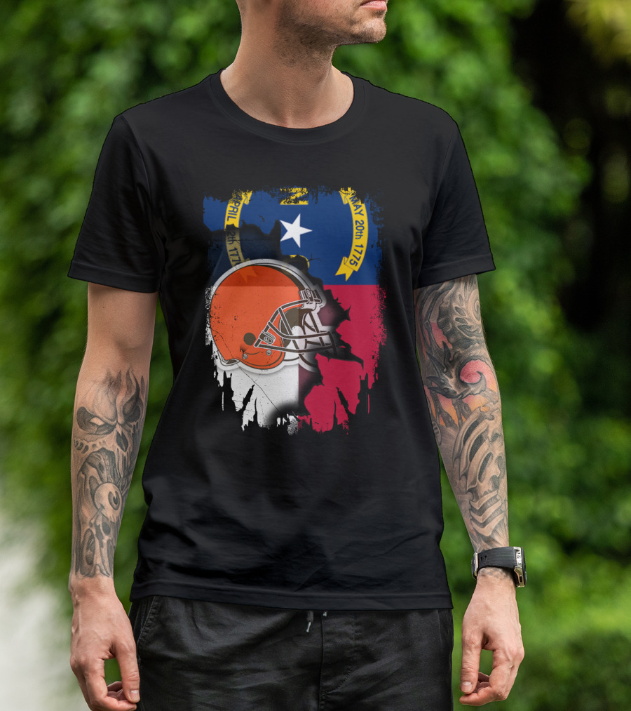 North Carolina State Flag Blended With Cleveland Browns Helmet T-Shirt