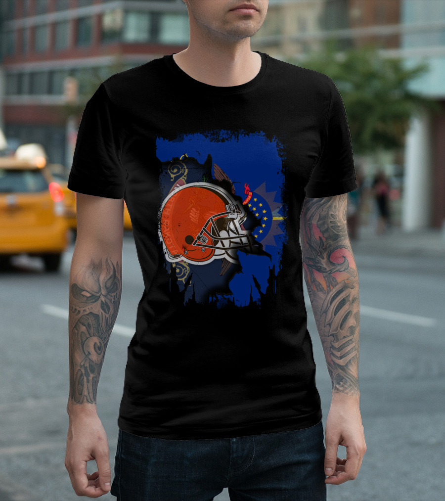 Together North Dakota with Cleveland Browns Helmet and State Flag Elements T-Shirt