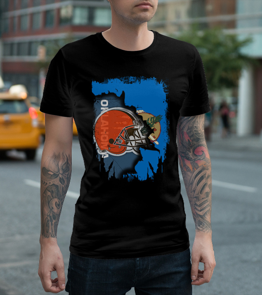 Oklahoma Browns Helmet Over State Flag T-Shirt