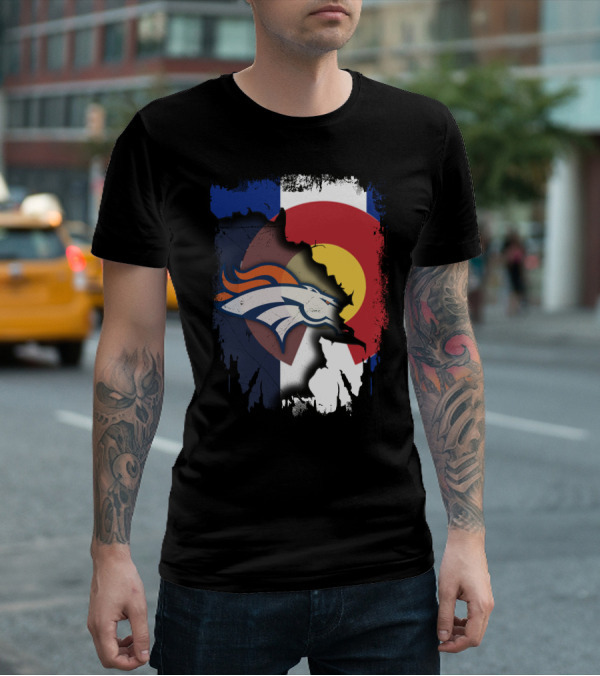 Colorado Flag With Broncos Logo Fusion T-Shirt
