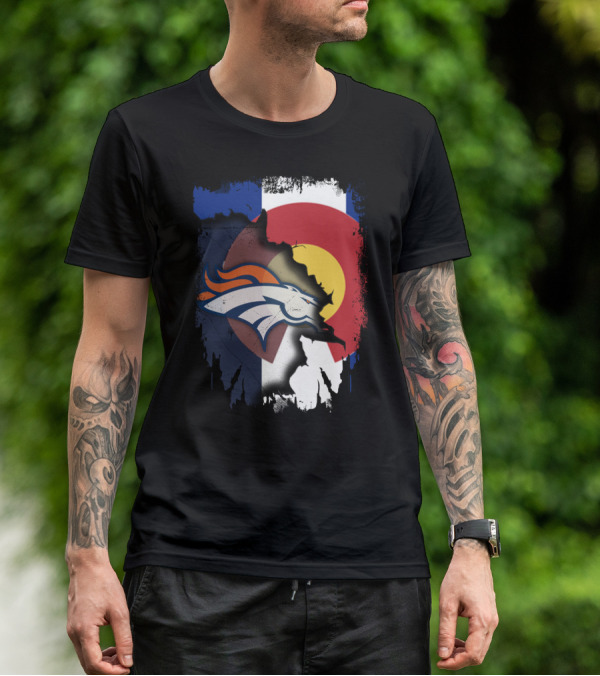 Colorado Flag With Broncos Logo Fusion T-Shirt