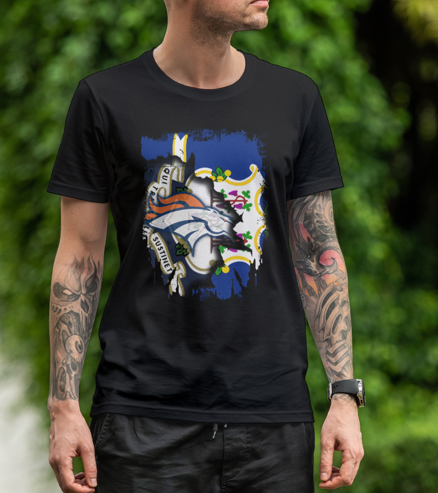 Connecticut And Broncos Logo Fusion With State Motto Motif T-Shirt