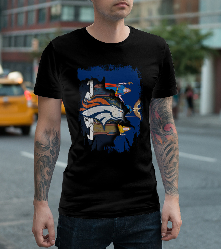 New York State Crest Overlaid With Broncos Logo Together T-Shirt