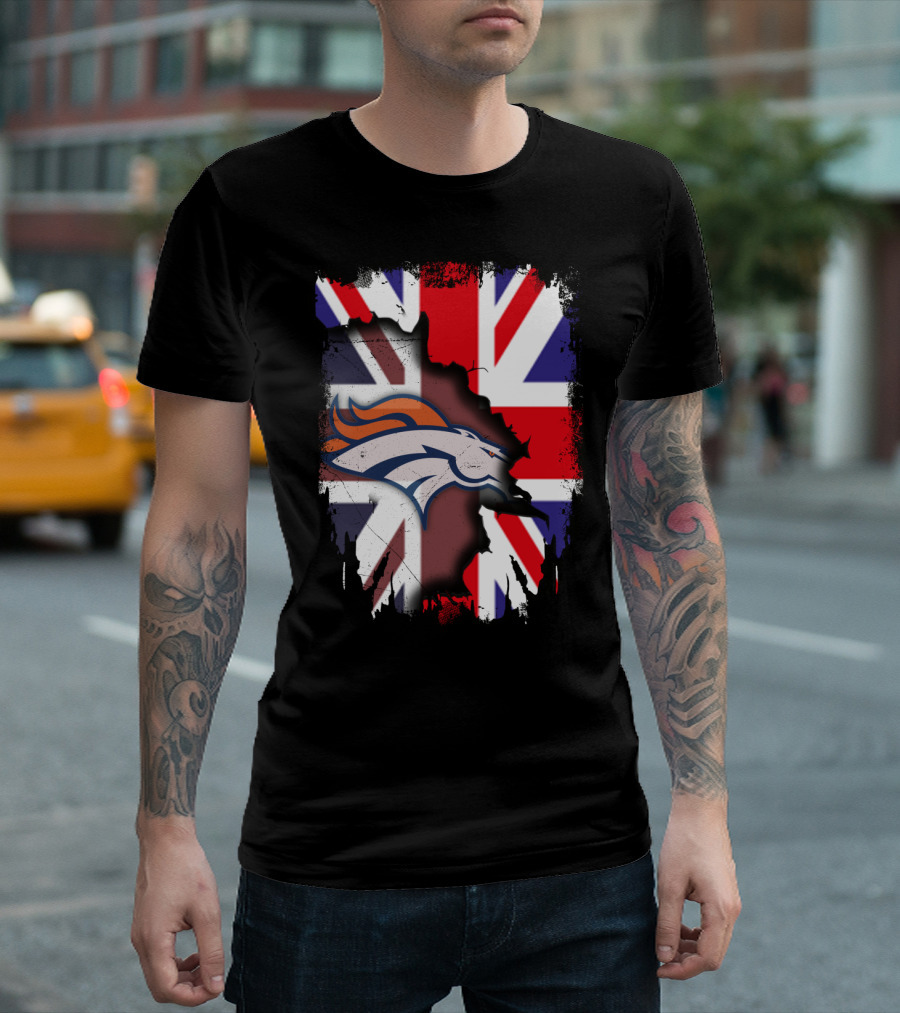 United Kingdom Flag With Broncos Logo Fusion T-Shirt