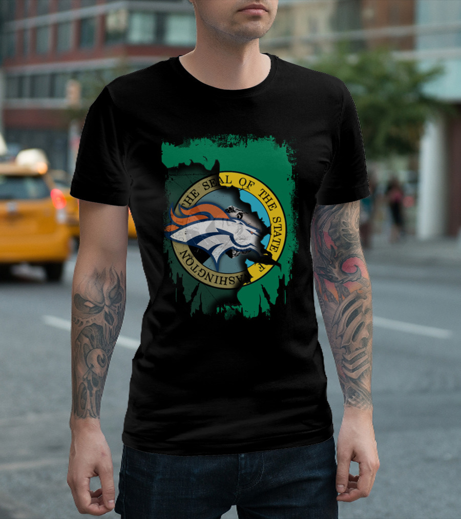 The Seal Of The State Of Washington With Broncos Logo Fusion T-Shirt