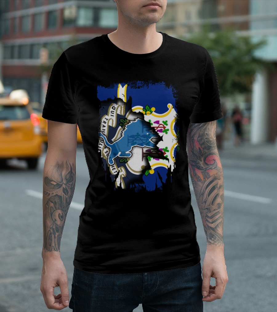 Connecticut State Flag With Detroit Lions Logo Fusion T-Shirt