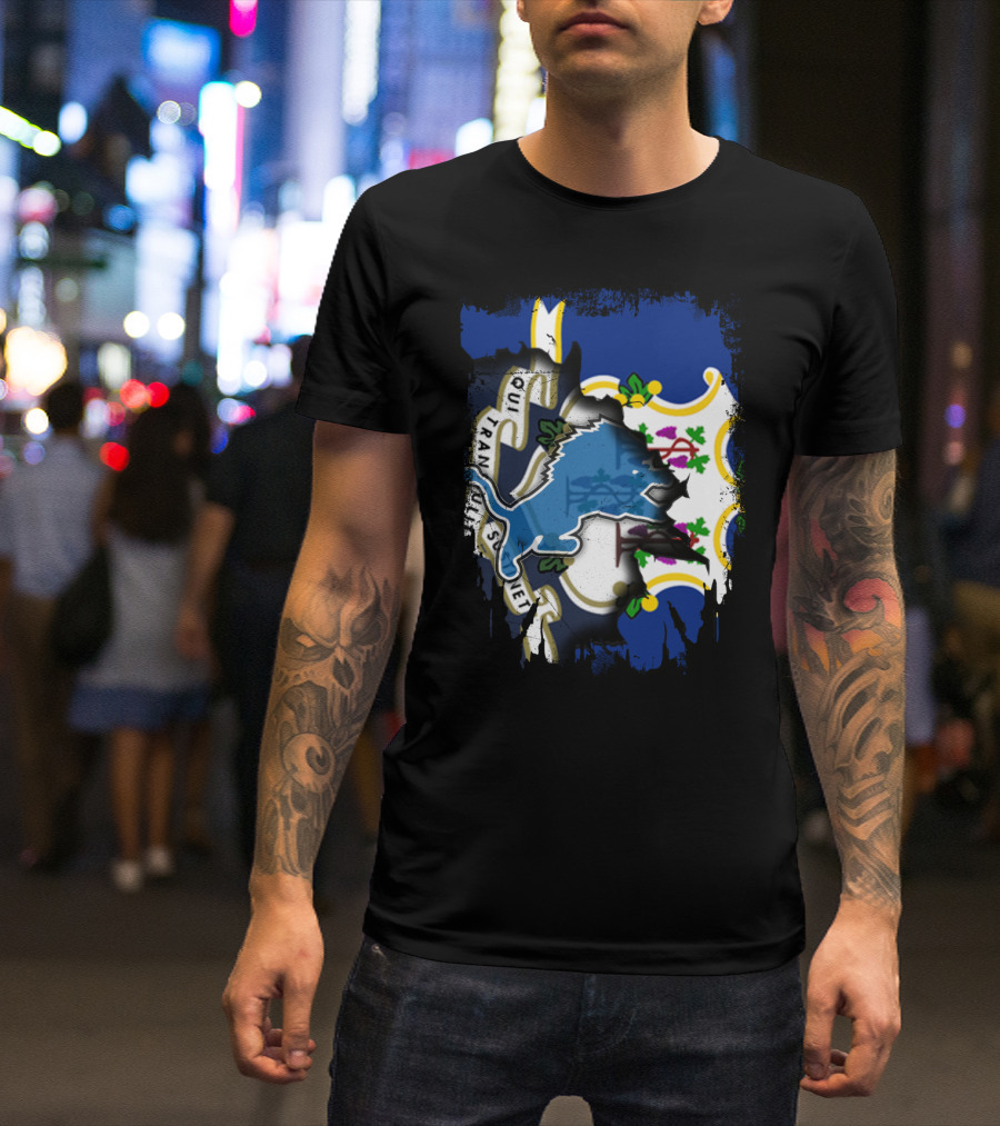 Connecticut State Flag With Detroit Lions Logo Fusion T-Shirt