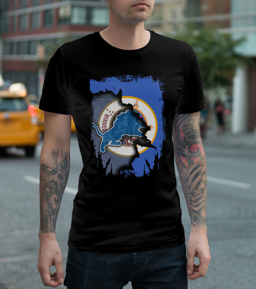 Minnesota State Flag with Detroit Lions Logo Together T-Shirt