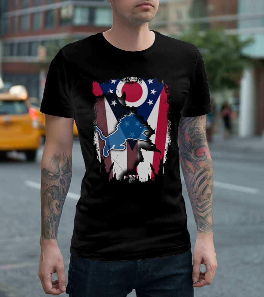 Ohio Flag with Detroit Lions Star-Spangled T-Shirt