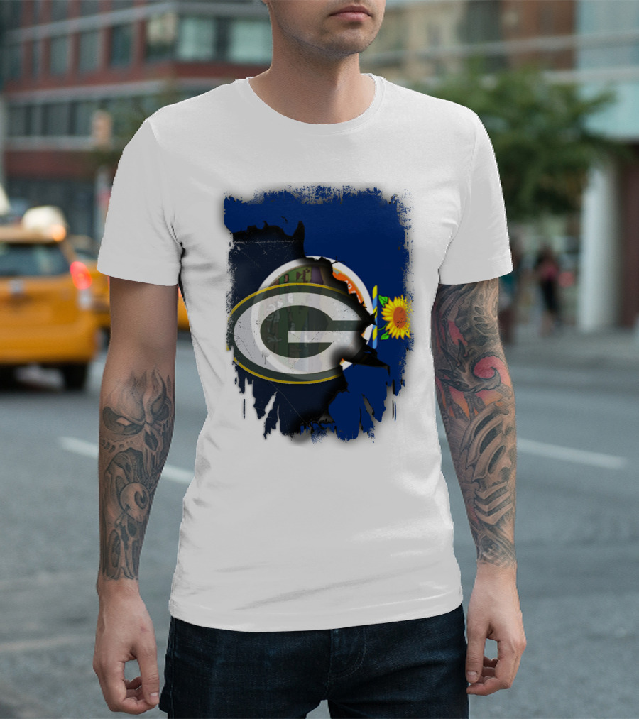 Kansas State Flag With Green Bay Packers Logo And Sunflower T-Shirt