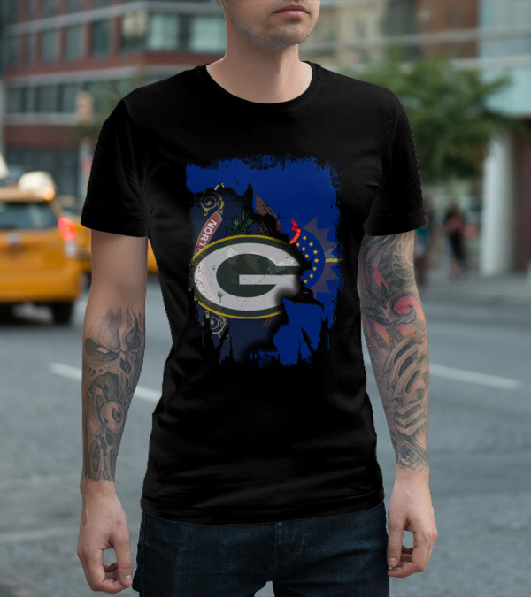 Green Bay Packers Logo Overlaid On North Dakota Flag T-Shirt