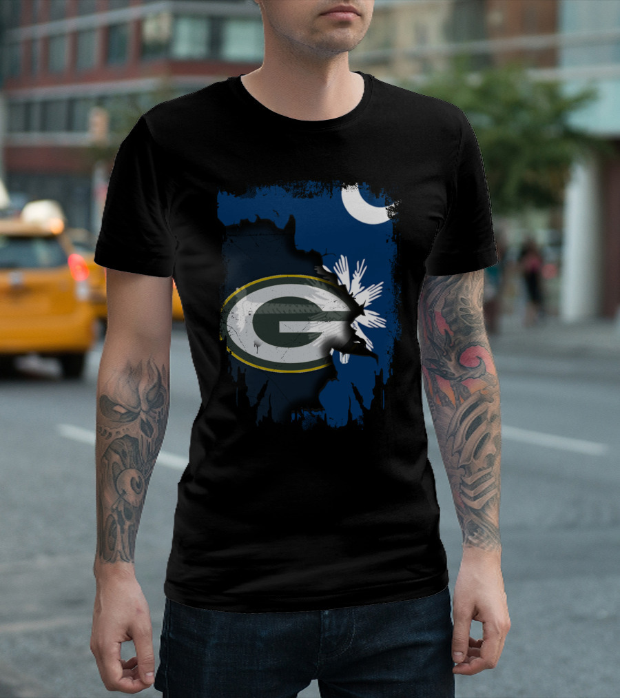 South Carolina And Packers Logo Blend With Crescent Moon And Palmetto Tree T-Shirt