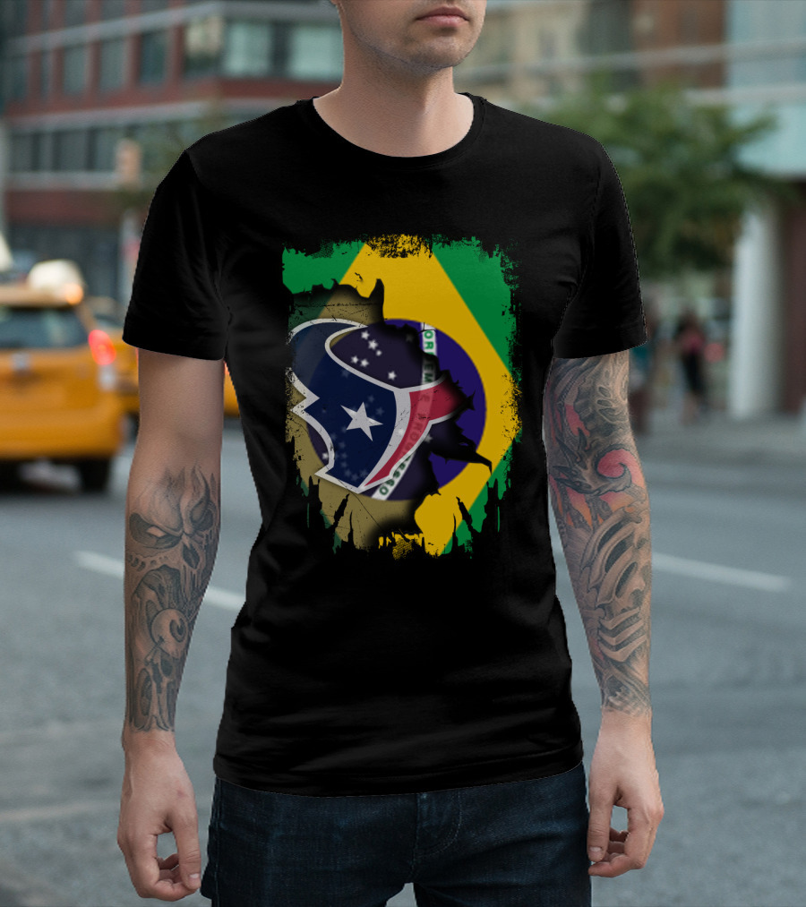 Brazilian Flag and Texans Logo Integration: Together Brazil With Texans T-Shirt