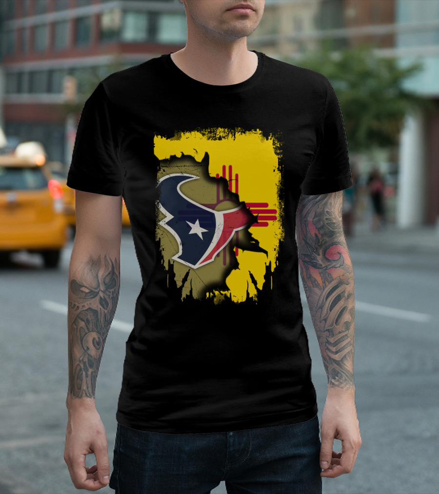 New Mexico and Texas Unite with Texans Football Logo on Zia T-Shirt