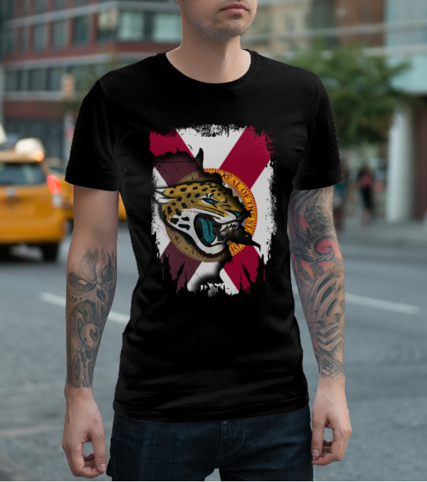 Florida State Flag With Jaguars Roaring Emblem Together T-Shirt