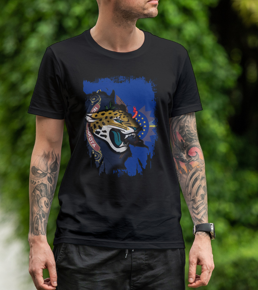 North Dakota State Flag With Jaguars Emblem Fusion T-Shirt