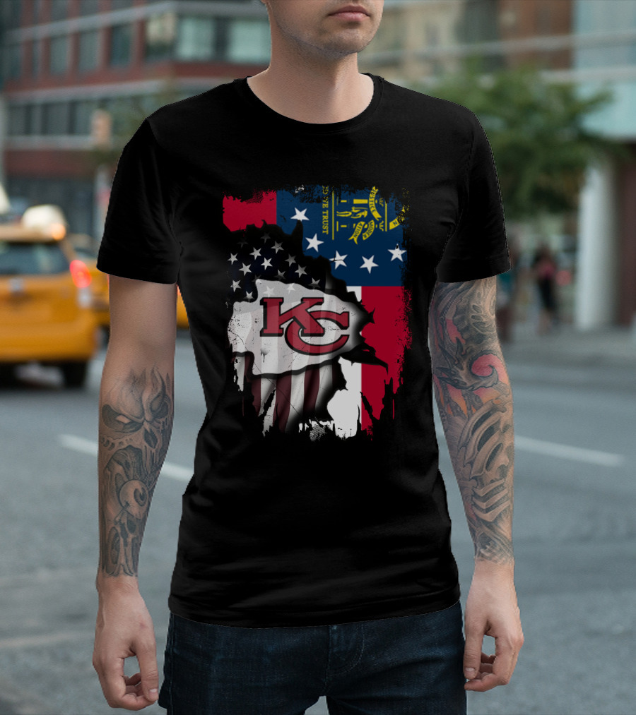 Georgia State Flag with Kansas City Chiefs Logo American Flag Elements T-Shirt
