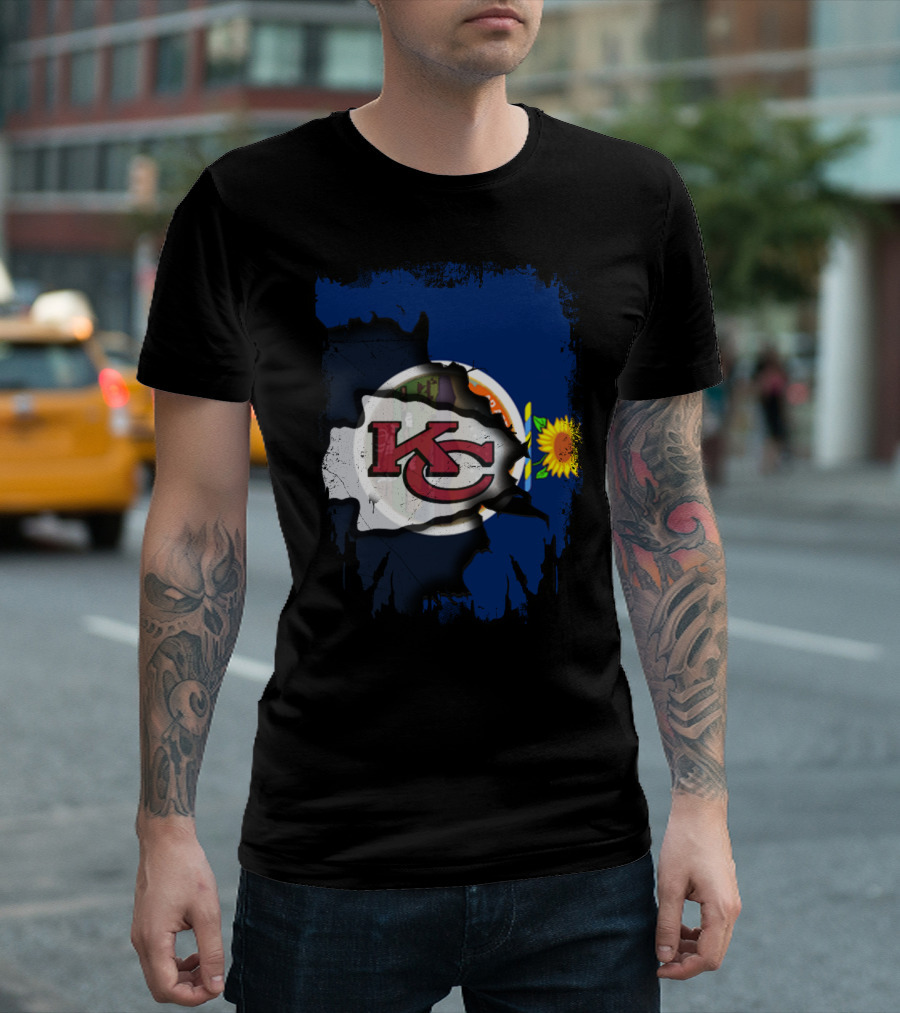 Kansas Chiefs KC Logo with State Flag and Sunflower T-Shirt