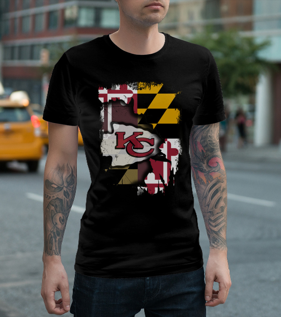 Maryland Flag With KC Chiefs Logo Background T-Shirt