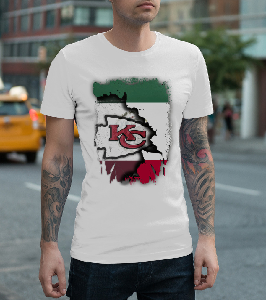 KC Chiefs Logo with Torn Mexico Flag T-Shirt