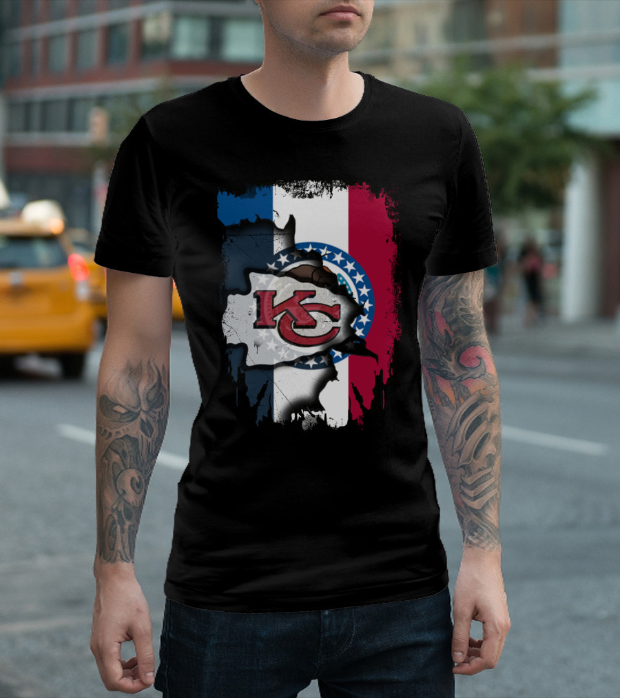 KC Chiefs Logo on Torn Missouri Flag Design Together T-Shirt