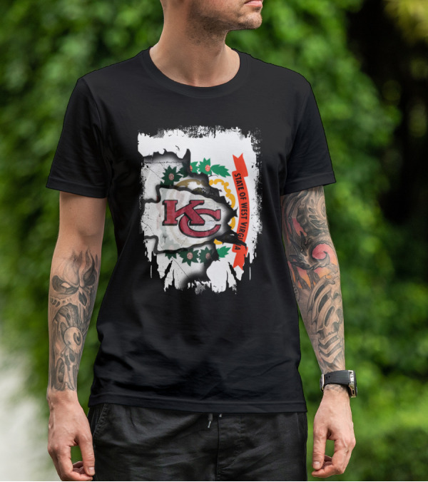 State Of West Virginia Torn KC Chiefs Logo Chiefs Fans T-Shirt