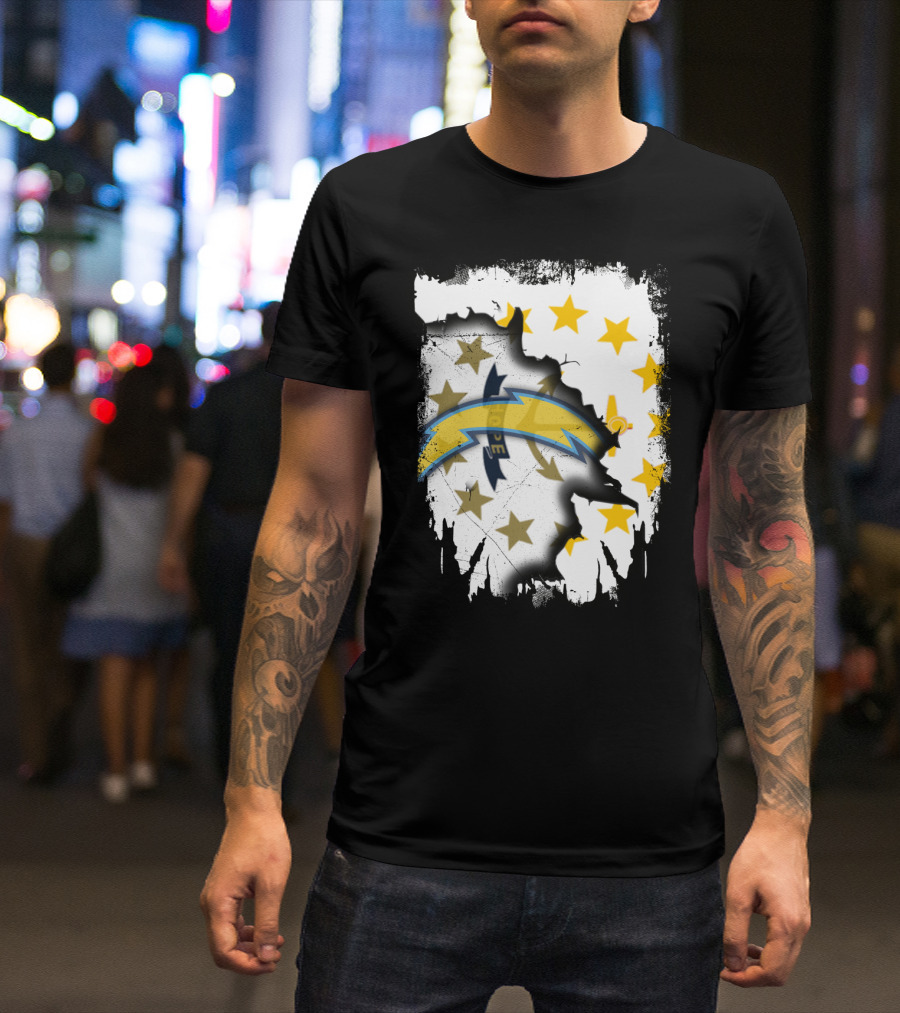 Rhode Island Map With Chargers Logo And Stars T-Shirt
