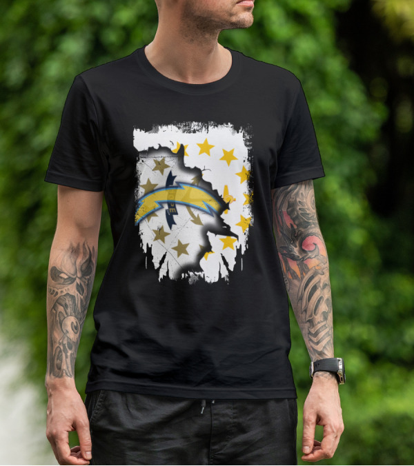 Rhode Island Map With Chargers Logo And Stars T-Shirt