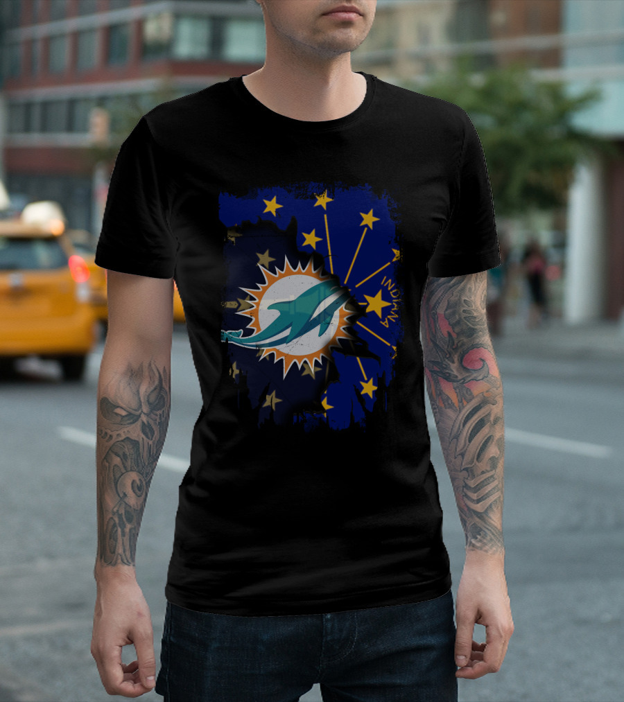 Indiana State Stars with Miami Dolphins Logo Fusion T-Shirt