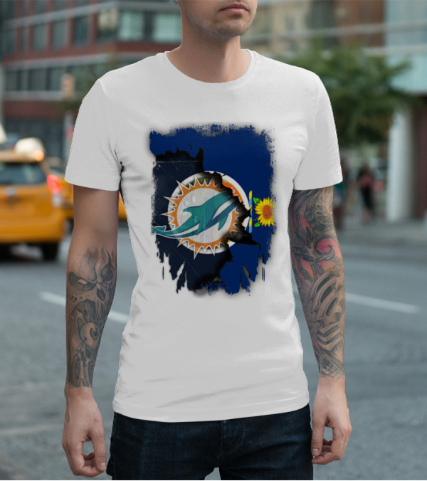 Kansas Flag With Miami Dolphins Logo And Sunflower T-Shirt