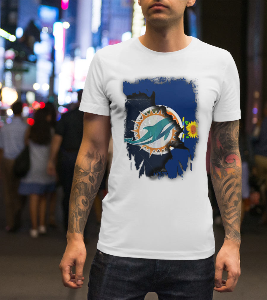 Kansas Flag With Miami Dolphins Logo And Sunflower T-Shirt