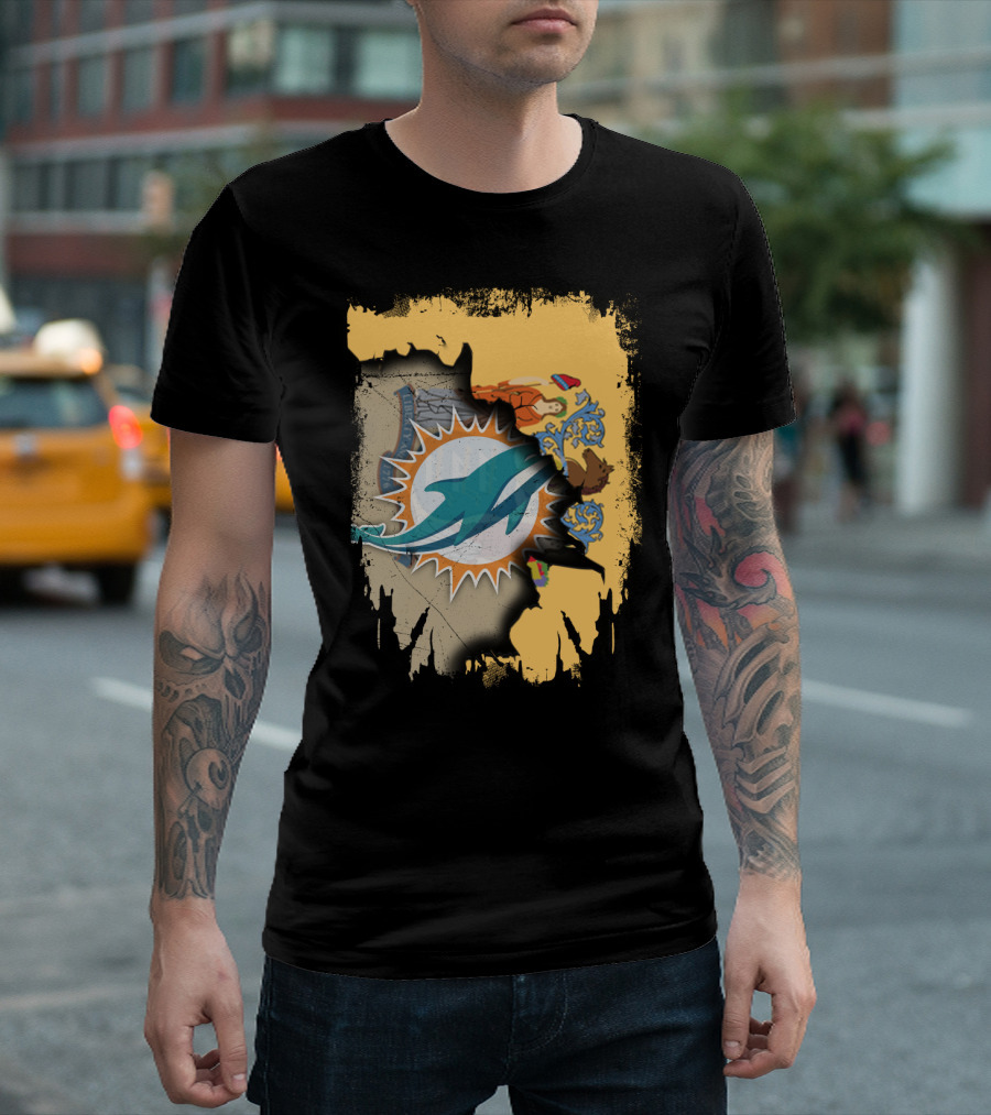 New Jersey Emblem with Miami Dolphins Logo Peeking Through T-Shirt