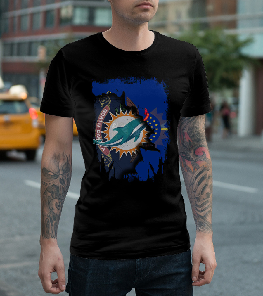 North Dakota State Flag with Dolphins NFL Logo Fusion T-Shirt