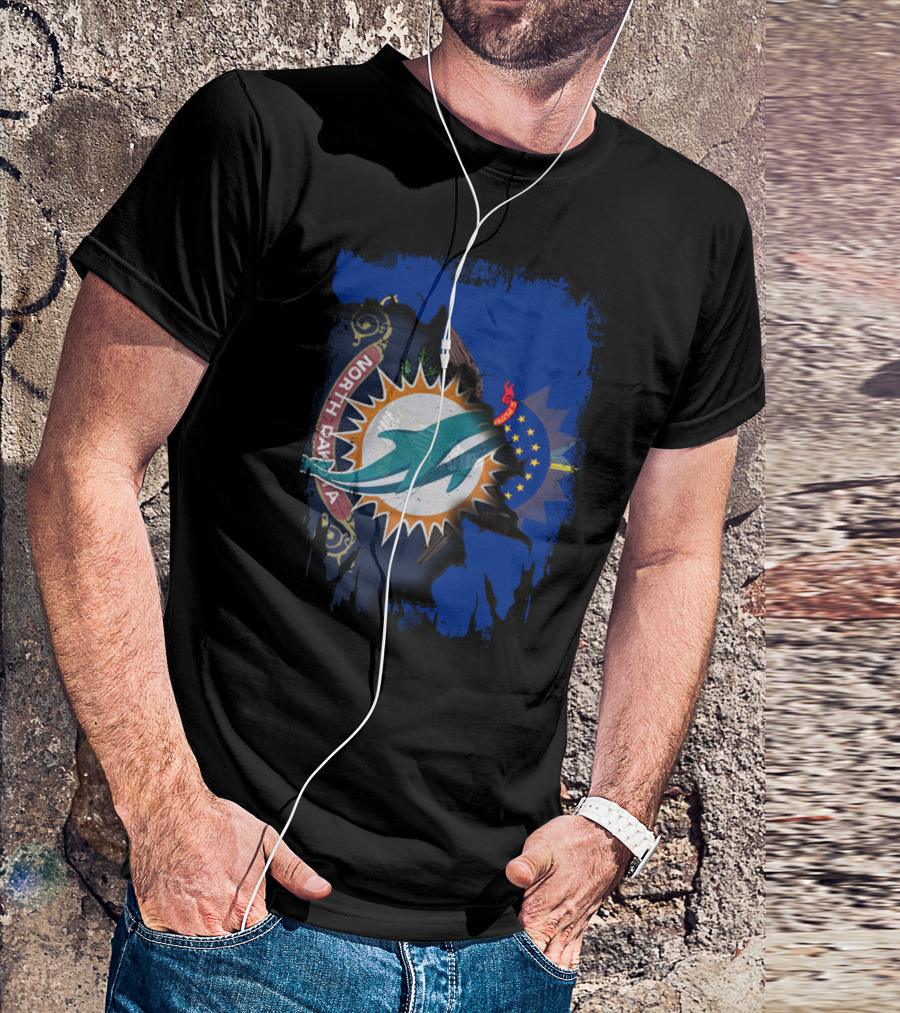 North Dakota State Flag With Dolphins NFL Logo Fusion T-Shirt