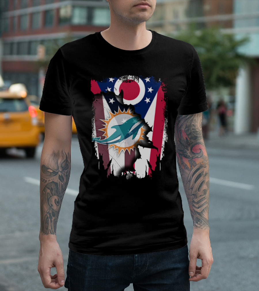 Ohio Flag Torn To Reveal Dolphins Logo Fusion T-Shirt