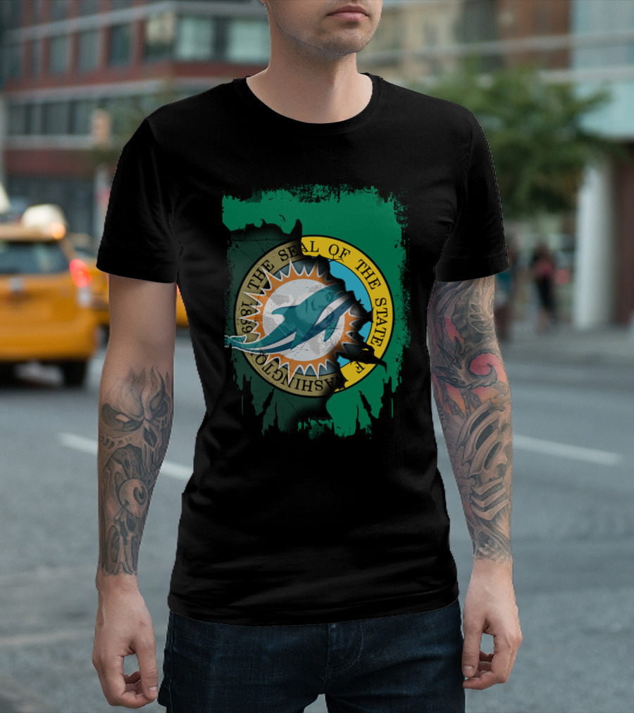 The Seal of The State of Washington Dolphins Logo Fusion T-Shirt