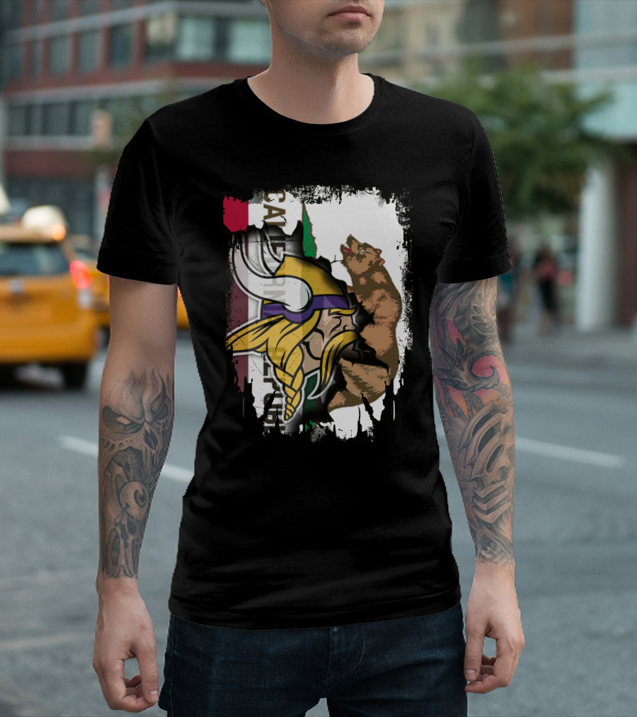 California Republic Viking Helmet Bear California Flag T-Shirt