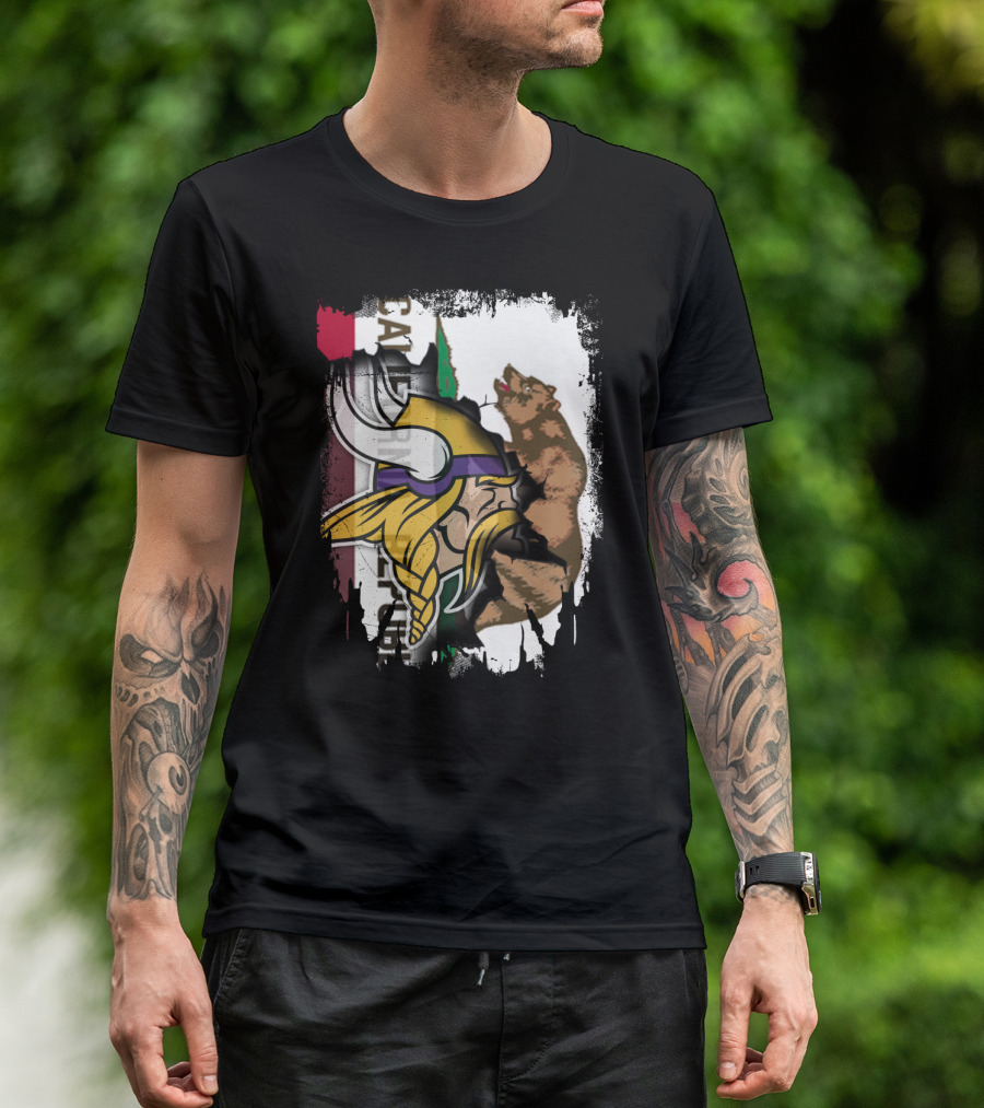 California Republic Viking Helmet Bear California Flag T-Shirt