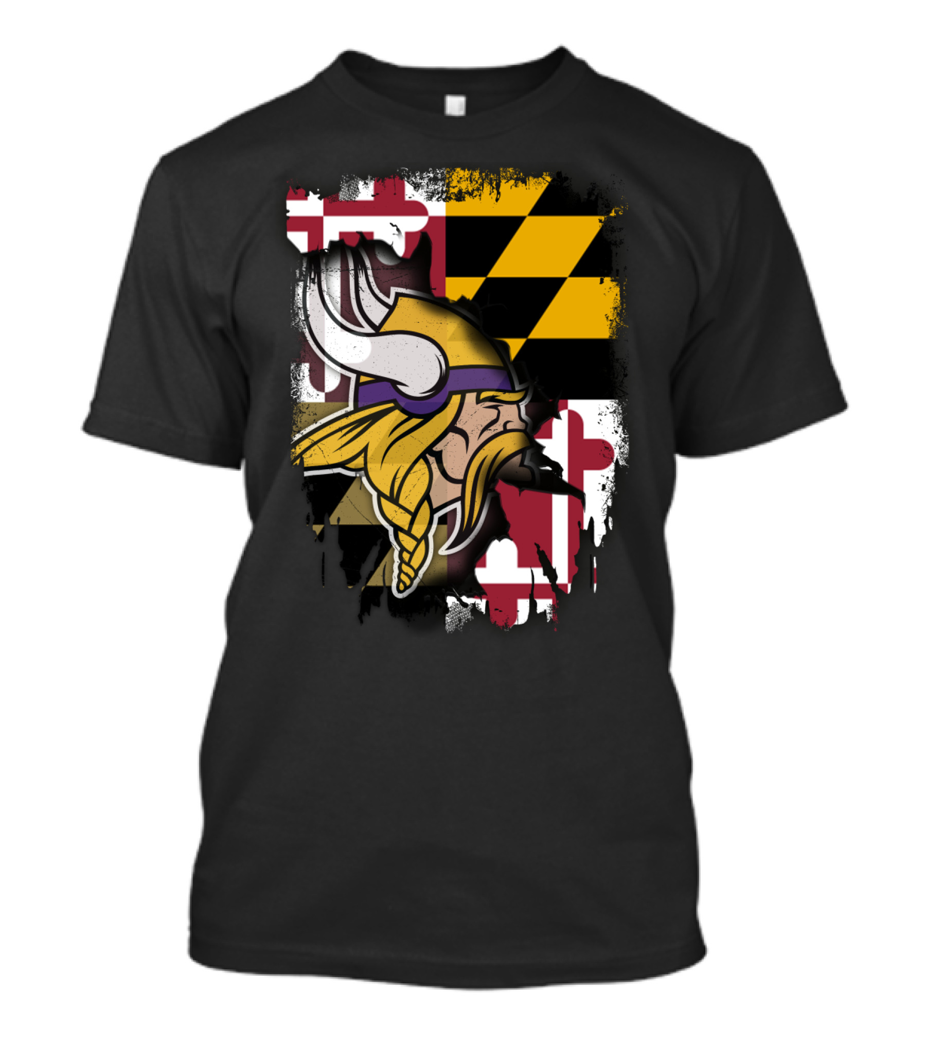 Vikings Helmet Art With Maryland Flag Background T-Shirt