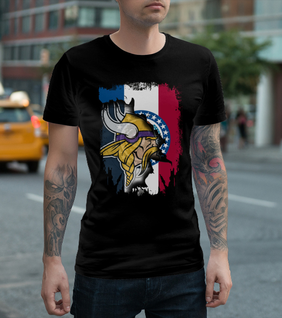Missouri State Flag with Vikings Helmet T-Shirt