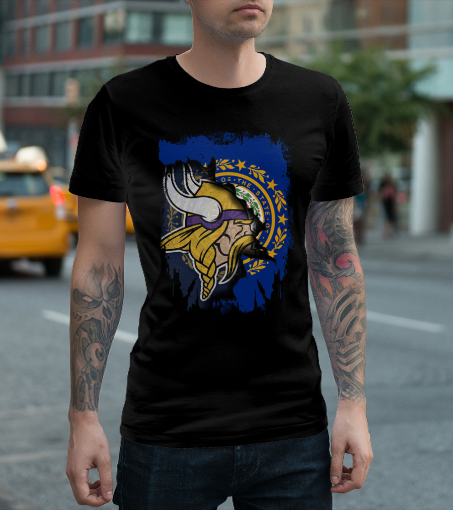 New Hampshire State Seal Overlay with Viking Helmet and Braided Beard T-Shirt
