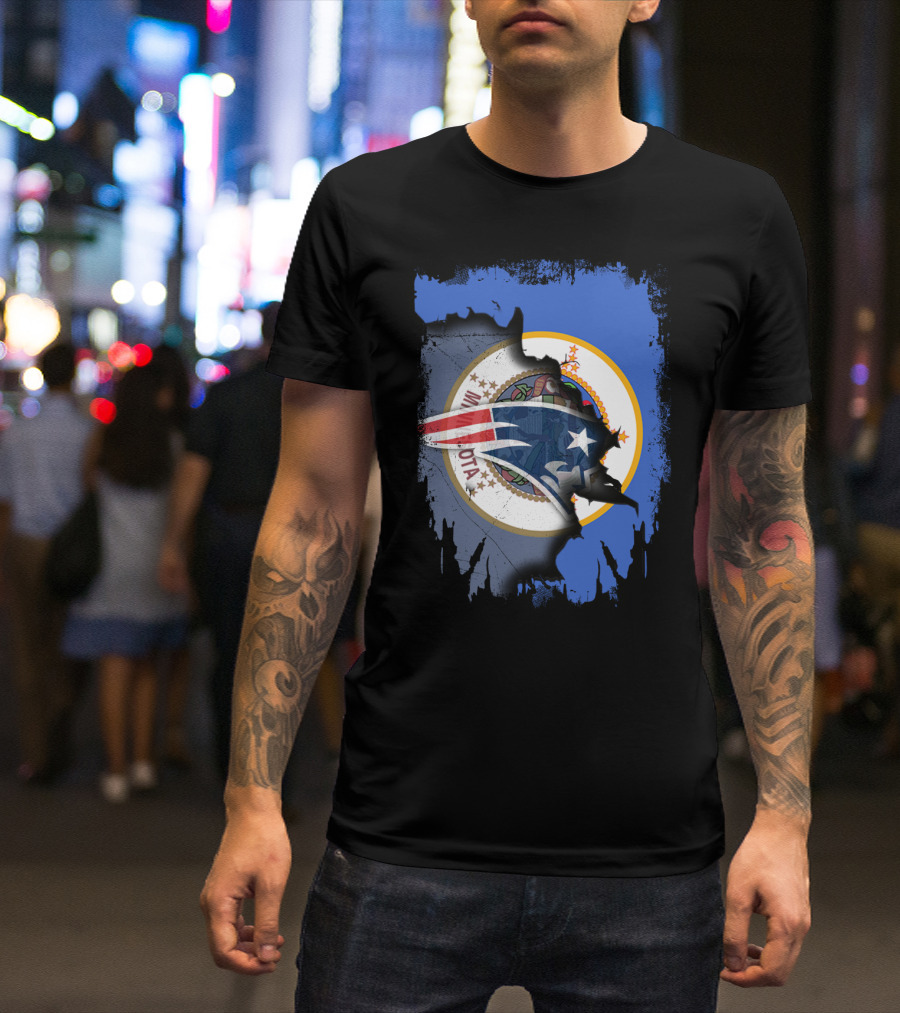Minnesota State Flag With New England Patriots Logo Overlay T-Shirt