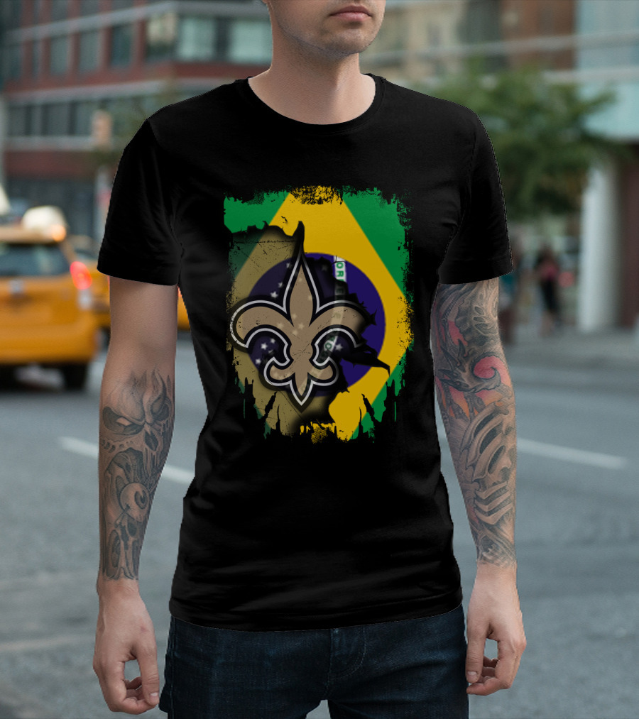 Brazilian Flag with New Orleans Saints Fleur-de-Lis Emblem T-Shirt